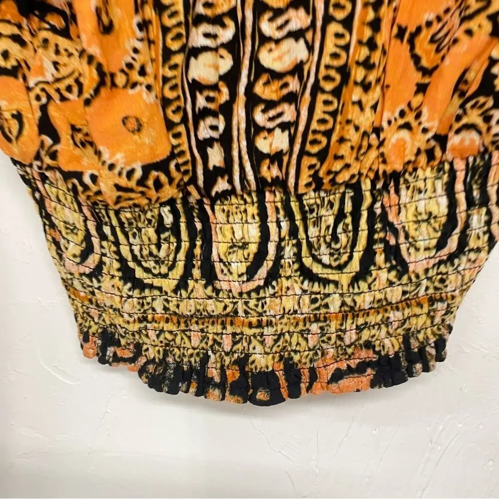 Free People Yellow & Black Printed Boho Long Sleeve Blouse Womens XS Cropped